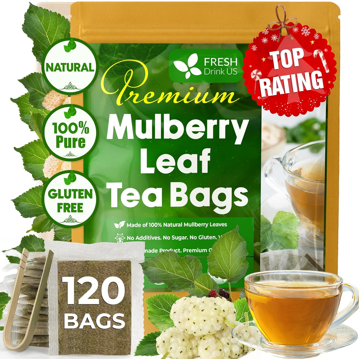 Premium Mulberry Leaf Tea Bags. No Sugar, No Caffeine, No Gluten, Vegan.