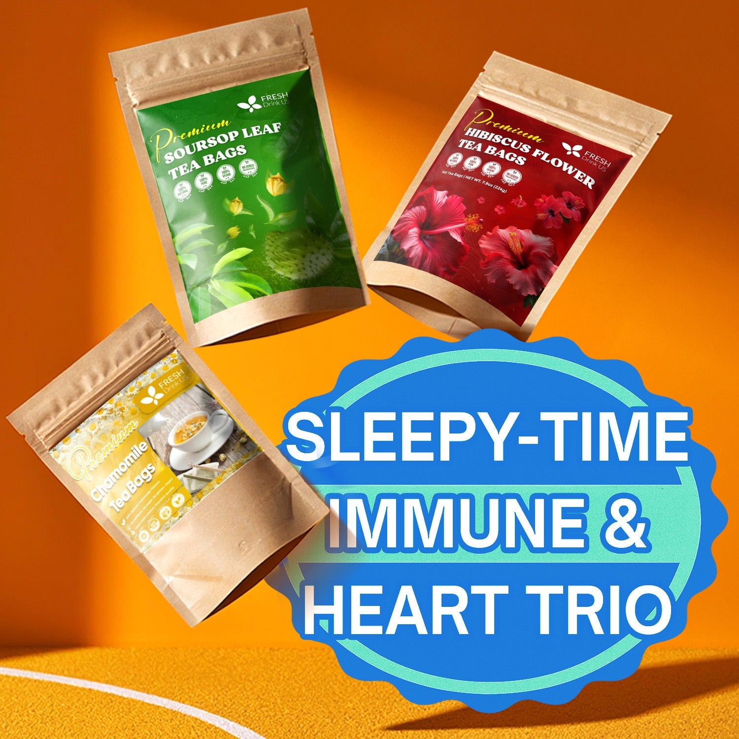 Sleepy-Time Wellness Trio – Chamomile, Soursop Leaf & Hibiscus Tea Bags for Evening Calm, Relaxation & Daily Balance