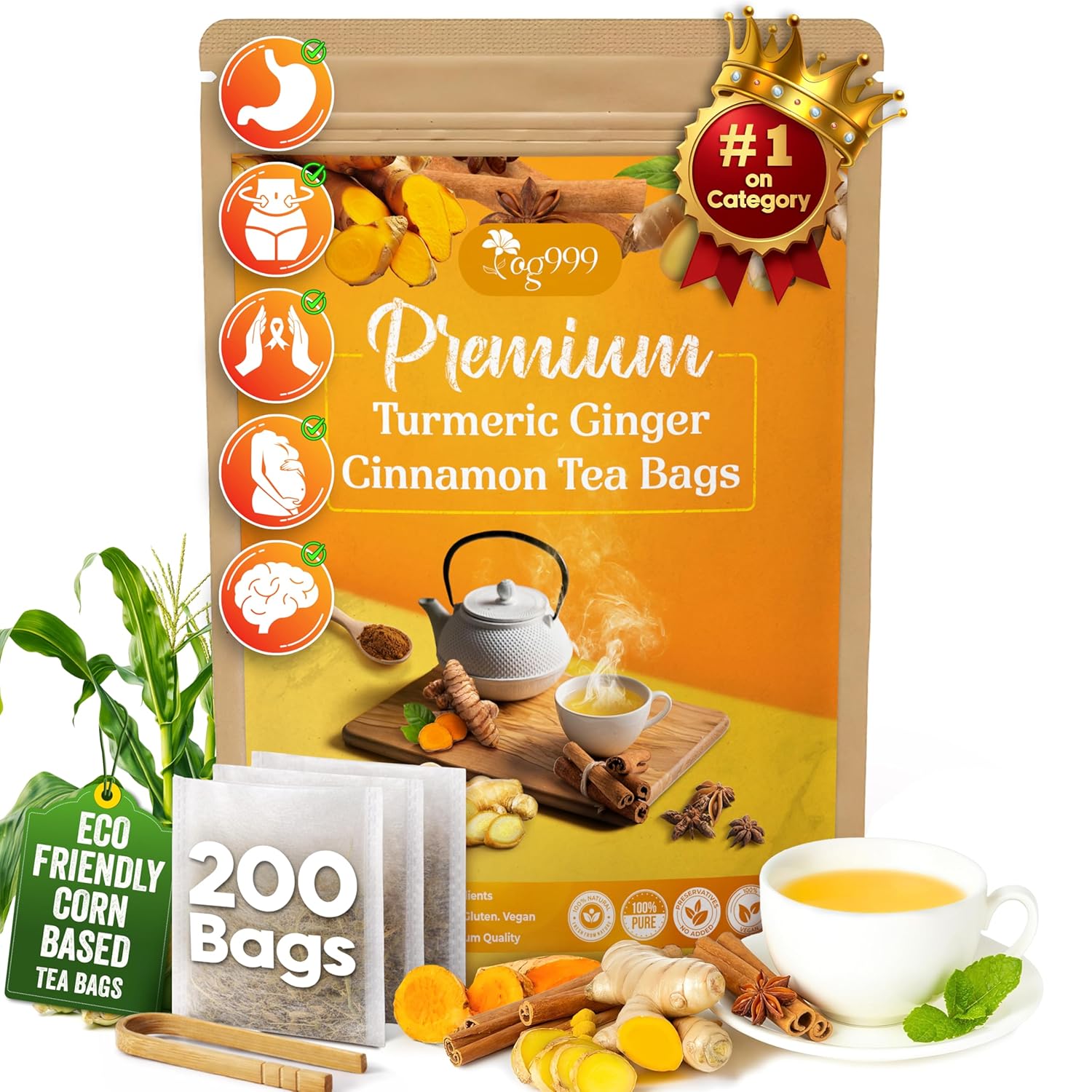 Turmeric Ginger, Cinnamon Tea, Tea Bags, 100% Natural, Hand-made, No Sugar, No Caffeine, No Gluten, Vegan