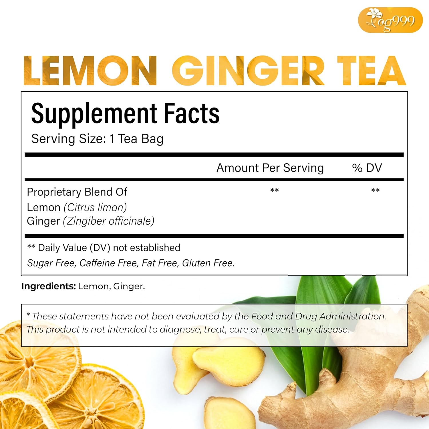 Premium Lemon, Ginger Herbal Blend Tea Bag | Improve Digestion, Support Brain, Weight, Skin and Sleep, Eco-Conscious Tea Bags