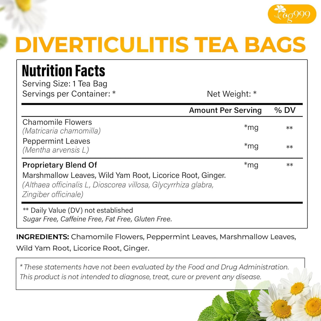 Premium Diverticulitis Tea Bags | 100% Natural Chamomile, Peppermint, Marshmallow Leaf, Wild Yam Root, Licorice & Ginger Herbal Blend