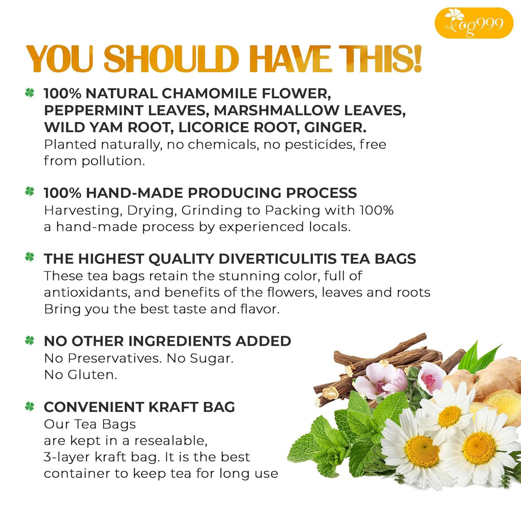 Premium Diverticulitis Tea Bags | 100% Natural Chamomile, Peppermint, Marshmallow Leaf, Wild Yam Root, Licorice & Ginger Herbal Blend