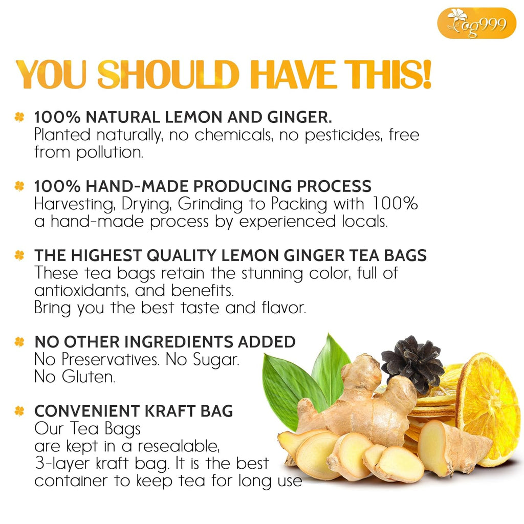 Premium Lemon, Ginger Herbal Blend Tea Bag | Improve Digestion, Support Brain, Weight, Skin and Sleep, Eco-Conscious Tea Bags
