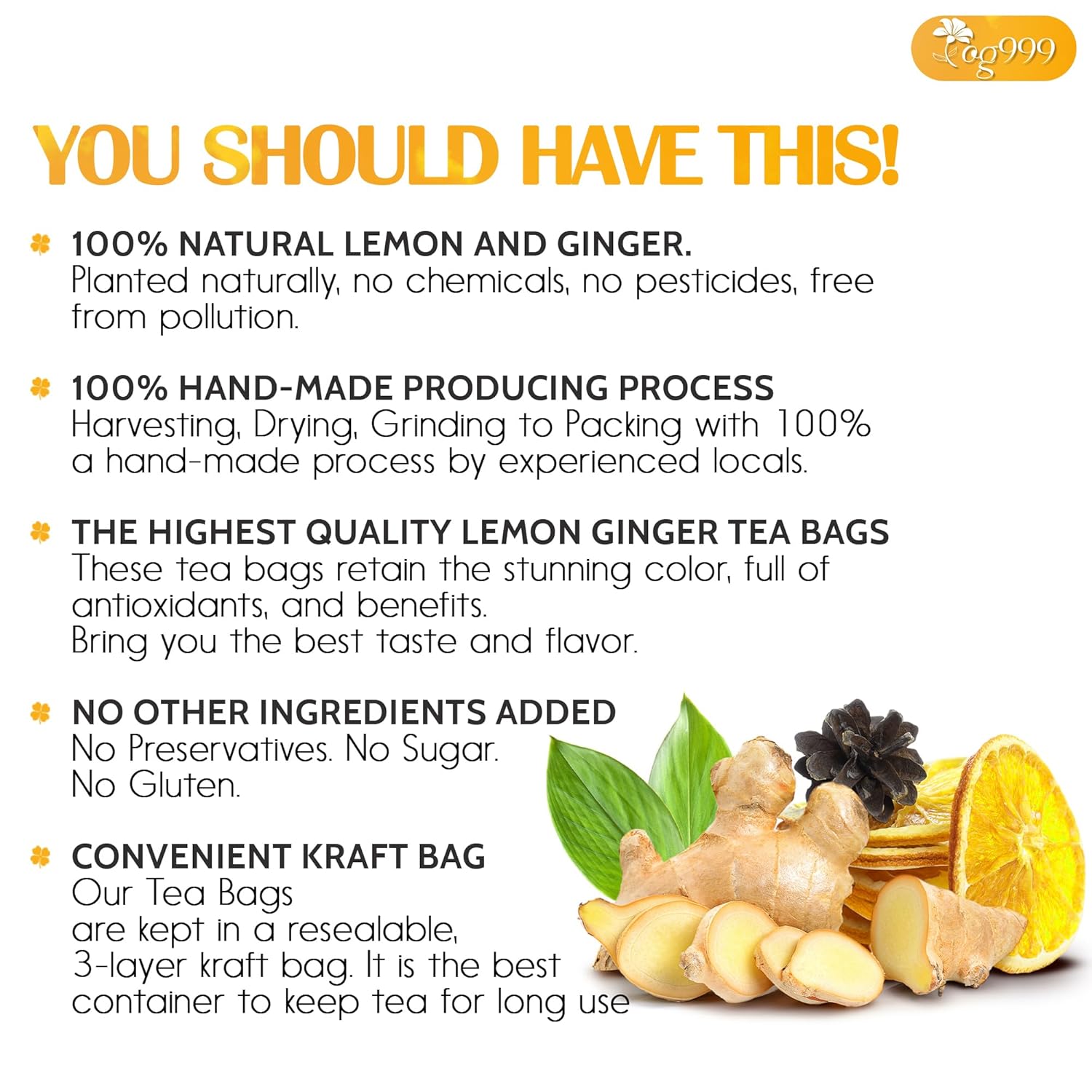 Premium Lemon, Ginger Herbal Blend Tea Bag | Improve Digestion, Support Brain, Weight, Skin and Sleep, Eco-Conscious Tea Bags