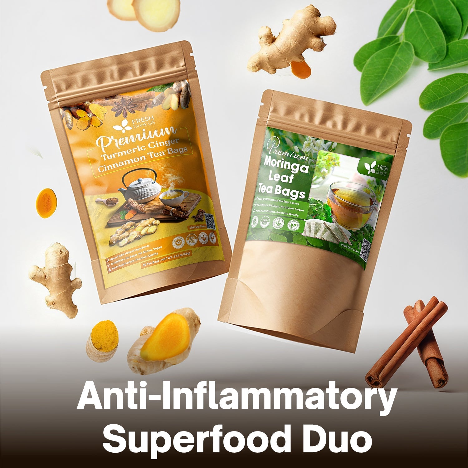 Turmeric & Moringa Wellness Duo – Turmeric Ginger Cinnamon Tea & Moringa Leaf Tea Bags for Daily Balance