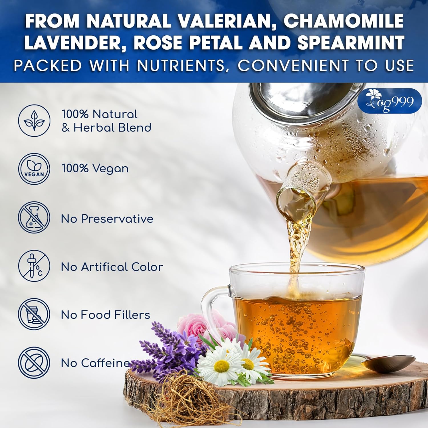 Premium Valerian Tea, Made From Valerian Root, Chamomile flower, Lavender flower Loose Leaf Herbal Tea. Made with Natural Material Tea Bags. No Sugar, No Caffeine, No Gluten, Vegan.