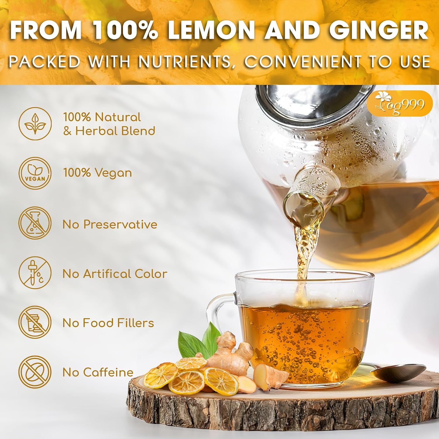 Premium Lemon, Ginger Herbal Blend Tea Bag | Improve Digestion, Support Brain, Weight, Skin and Sleep, Eco-Conscious Tea Bags