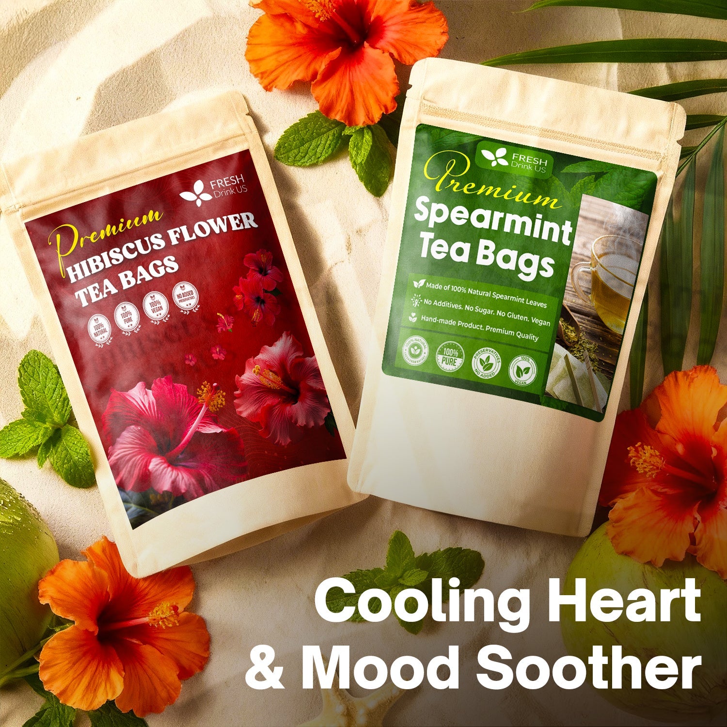 Cooling Heart & Mood Soother Duo – Hibiscus Flower & Spearmint Leaf Tea Bags for Refreshing Calm, Daily Balance & Relaxation