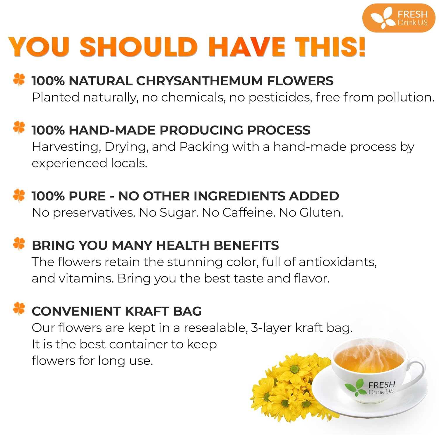 Premium Chrysanthemum Flowers, Chrysanthemum Herbal Tea, No Additives, No Caffeine, Vegan