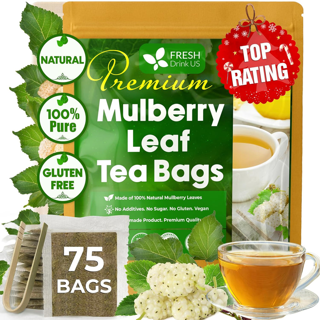 Premium Mulberry Leaf Tea Bags. No Sugar, No Caffeine, No Gluten, Vegan.