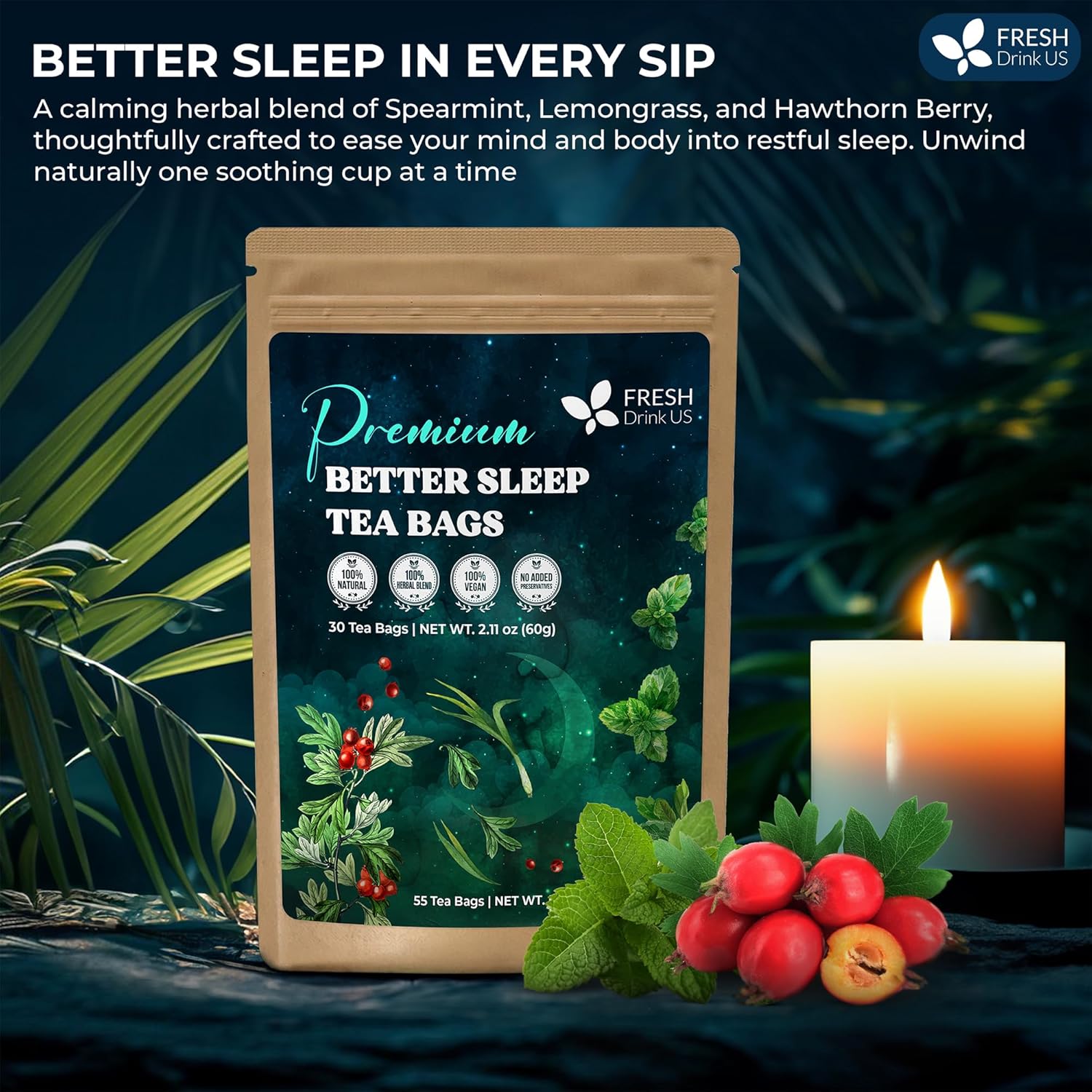 Premium Better Sleep Herbal Tea | Special Herbal Sleep Tea, Caffeine-Free Loose Leaf Blend with Spearmint Leaves, Lemongrass Leaves, and Hawthorn Berry – Naturally Refreshing and Aromatic.