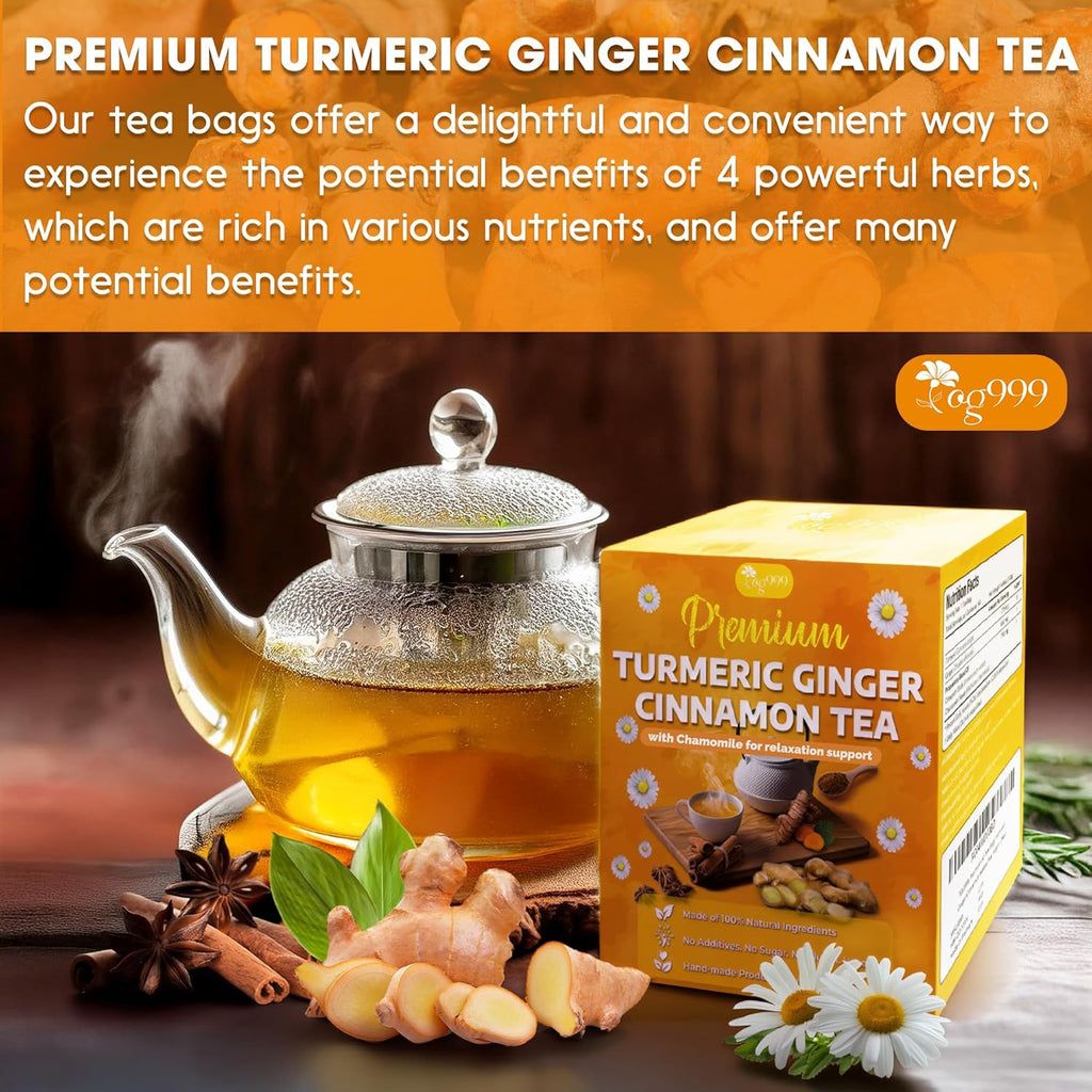 Premium Turmeric, Ginger, Cinnamon & Chamomile Flowers Tea | Improve Digestion, Support Brain, Weight, Skin and Sleep, Eco-Conscious Tea Bags