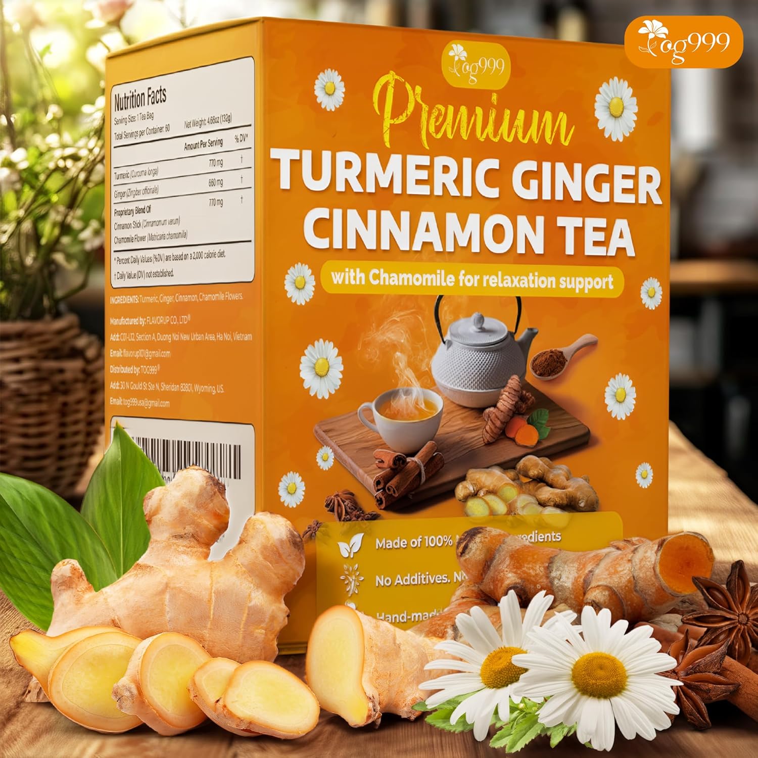 Premium Turmeric, Ginger, Cinnamon & Chamomile Flowers Tea | Improve Digestion, Support Brain, Weight, Skin and Sleep, Eco-Conscious Tea Bags