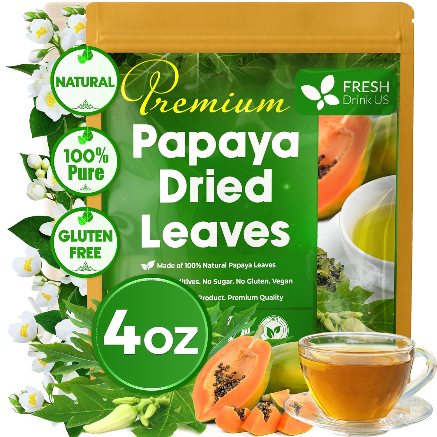 Premium Papaya Dried Leaves,  Papaya Loose Leaf Herbal Tea, No Additives, No Caffeine, Vegan