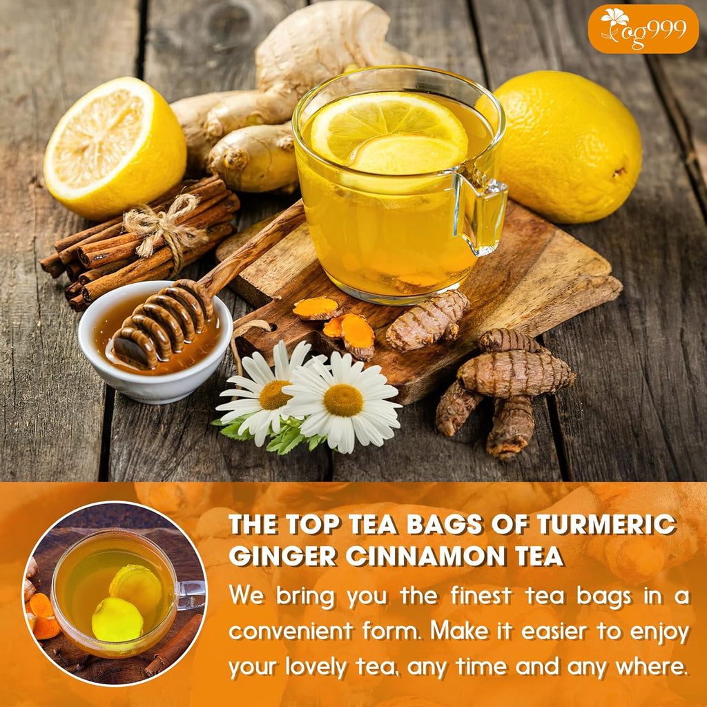 Premium Turmeric, Ginger, Cinnamon & Chamomile Flowers Tea | Improve Digestion, Support Brain, Weight, Skin and Sleep, Eco-Conscious Tea Bags