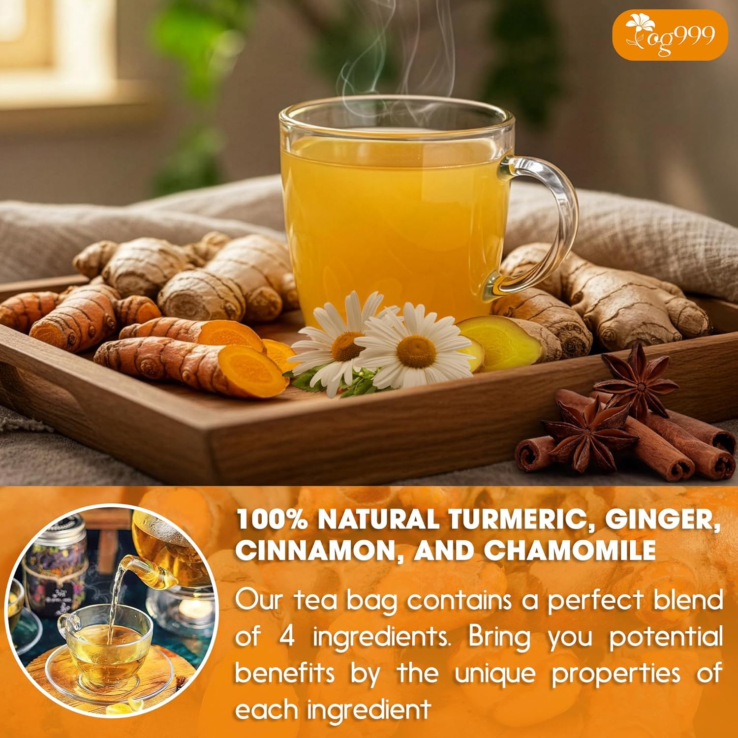 Premium Turmeric, Ginger, Cinnamon & Chamomile Flowers Tea | Improve Digestion, Support Brain, Weight, Skin and Sleep, Eco-Conscious Tea Bags