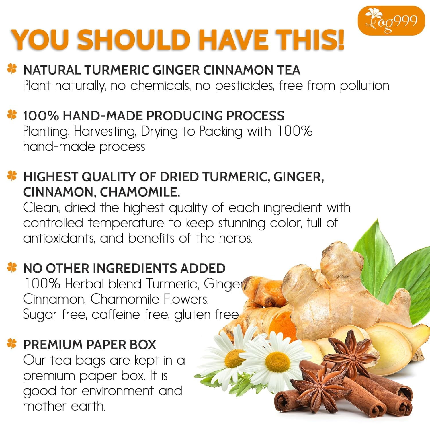 Premium Turmeric, Ginger, Cinnamon & Chamomile Flowers Tea | Improve Digestion, Support Brain, Weight, Skin and Sleep, Eco-Conscious Tea Bags