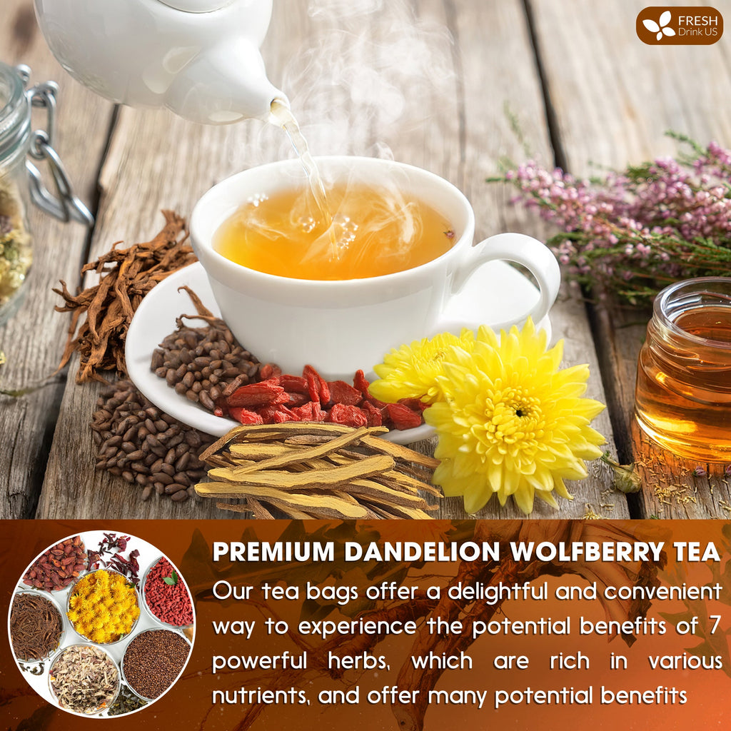Dandelion Wolfberry Tea - a Natural Blend of Six Herbal Ingredients, Dandelion, Licorice, Cassia, Wolfberry Supports Kidneys & Liver Health (PCOS, Pregnancy, Fibroids, PMS, Menstrual Cycle, Mood), Hormone Balance Tea Beverage