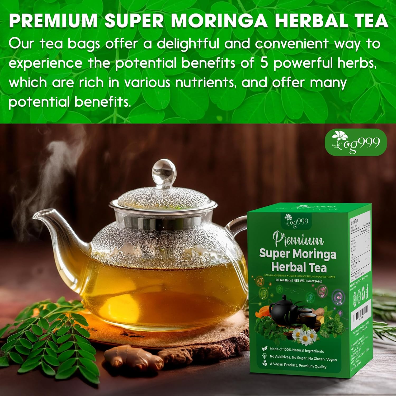 Super Moringa Herbal Tea, Improve Digestion, Support Brain, Weight, Skin and Sleep, Eco-Conscious Tea Bags