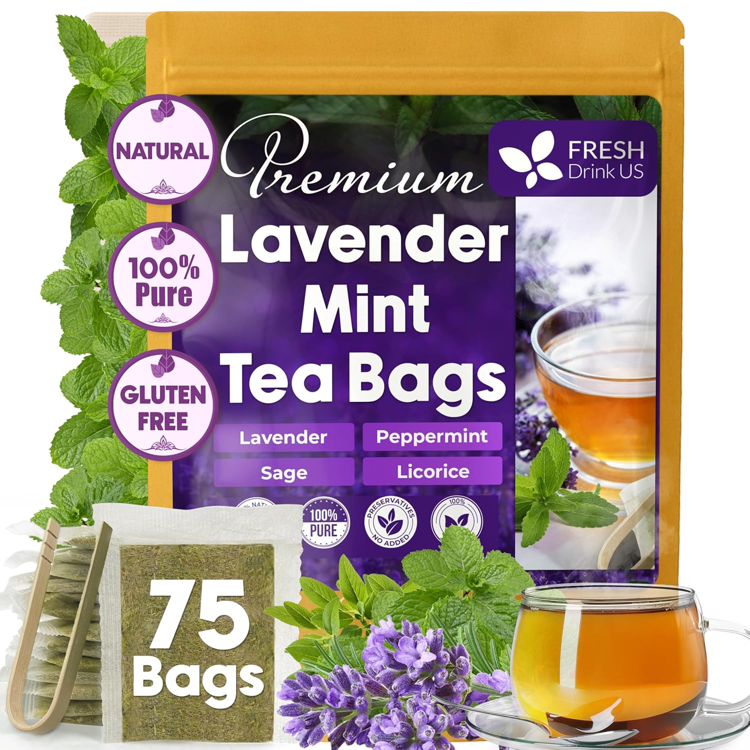 Premium Lavender Mint Tea Bags. 100% Natural, Blend of Lavender, Peppermint, Sage and Licorice.