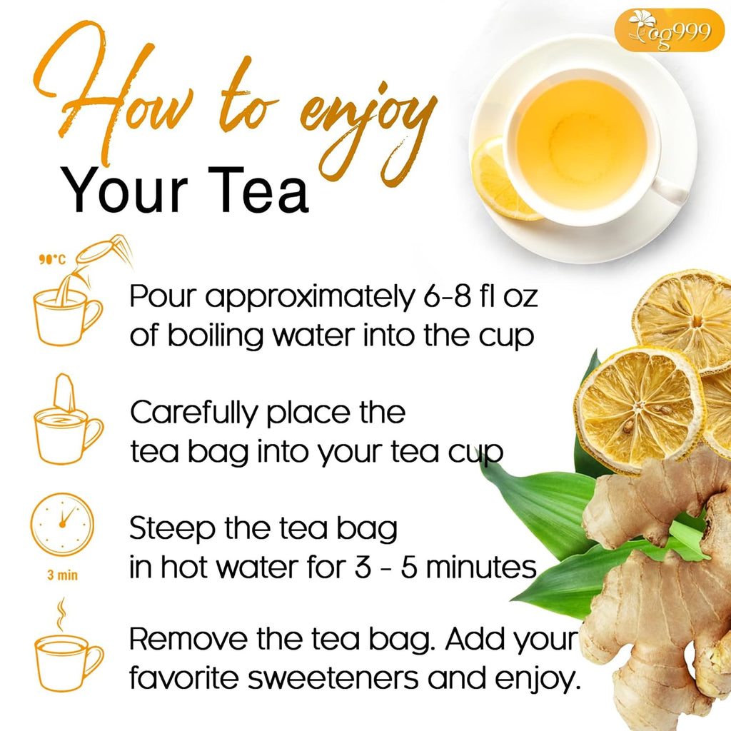 Premium Lemon, Ginger Herbal Blend Tea Bag | Improve Digestion, Support Brain, Weight, Skin and Sleep, Eco-Conscious Tea Bags