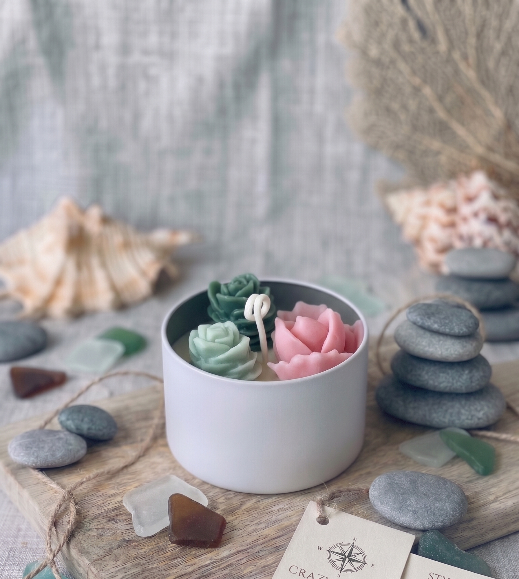 Blush & Teal Rosette Cactus Candle