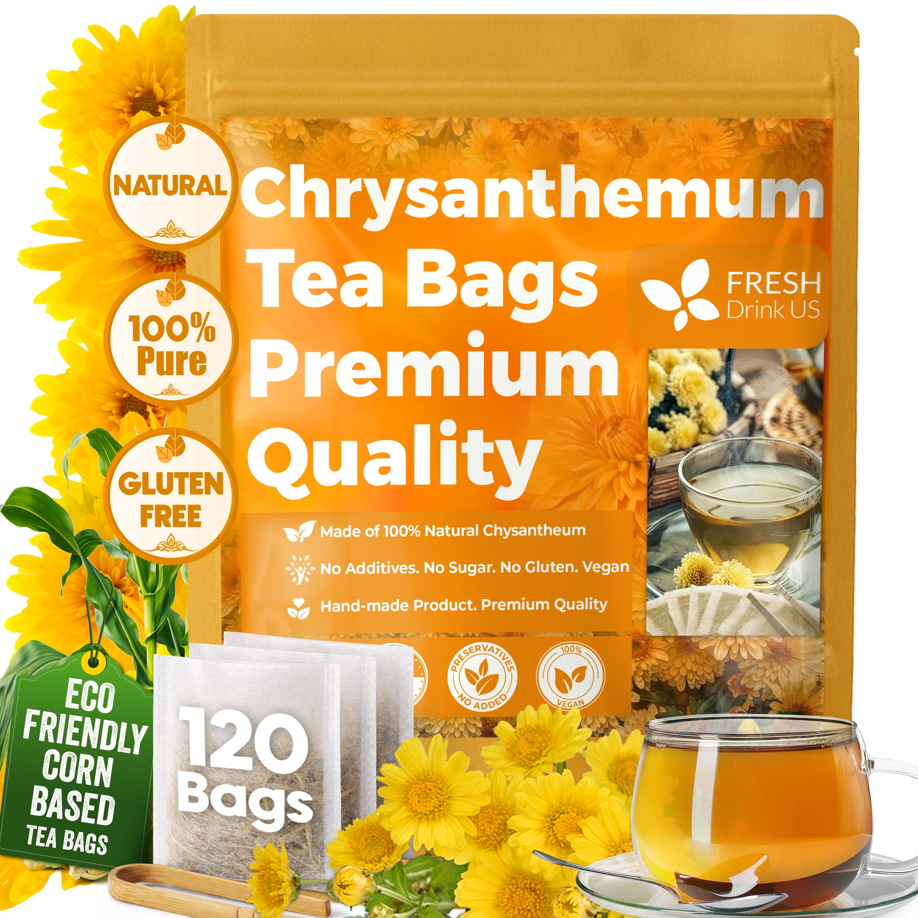 Premium Chrysanthemum Flower Tea Bags. Chrysanthemum Flower Herbal Tea. No Sugar, No Caffeine, No Gluten, Vegan.