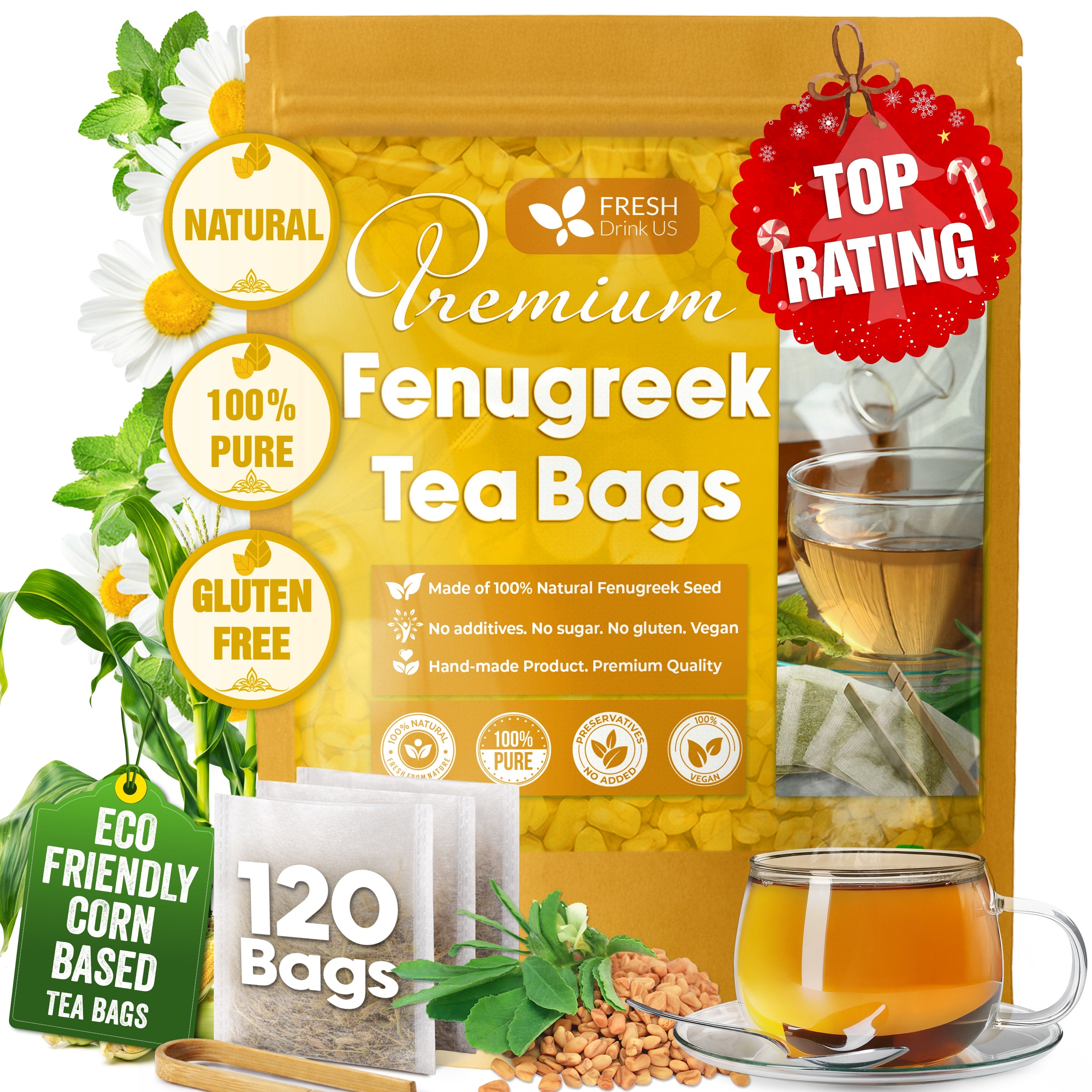 Premium Fenugreek Tea Bags. No Sugar, No Caffeine, No Gluten, Vegan. (30 Tea Bags)