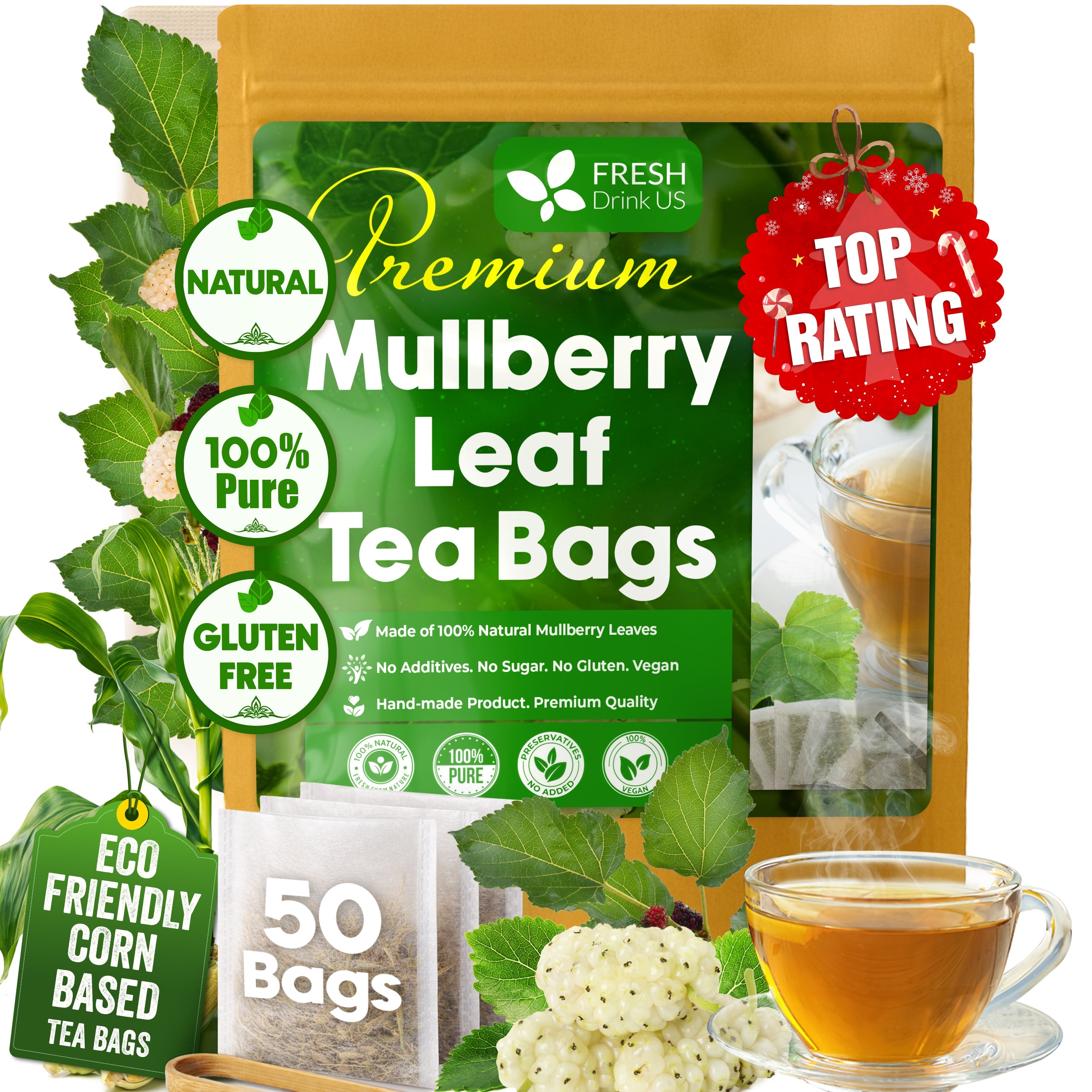 Premium Mulberry Leaf Tea Bags. No Sugar, No Caffeine, No Gluten, Vegan.