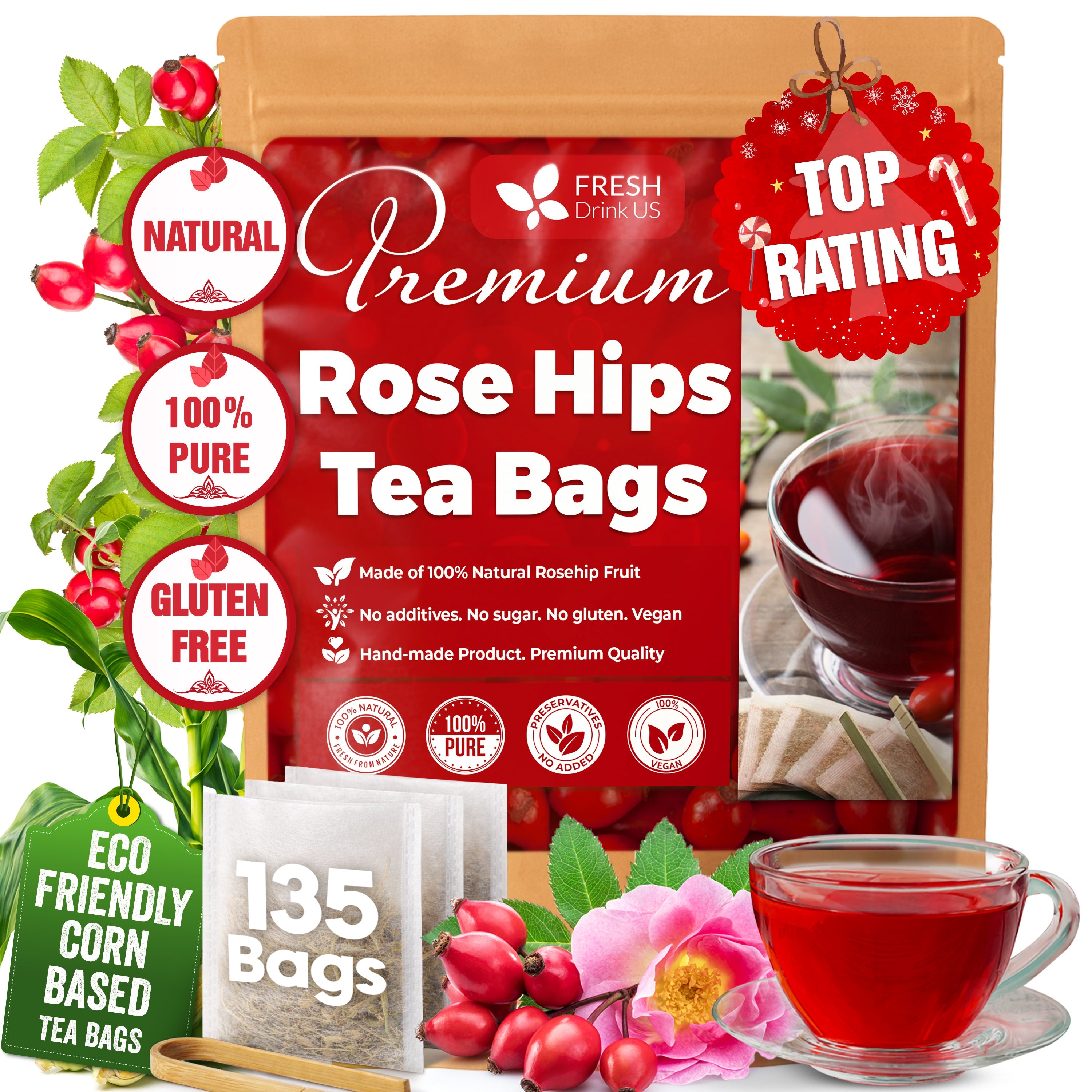 Premium Rosehip Tea Bags, 100% Natural & Pure from Rose Hip Fruits.