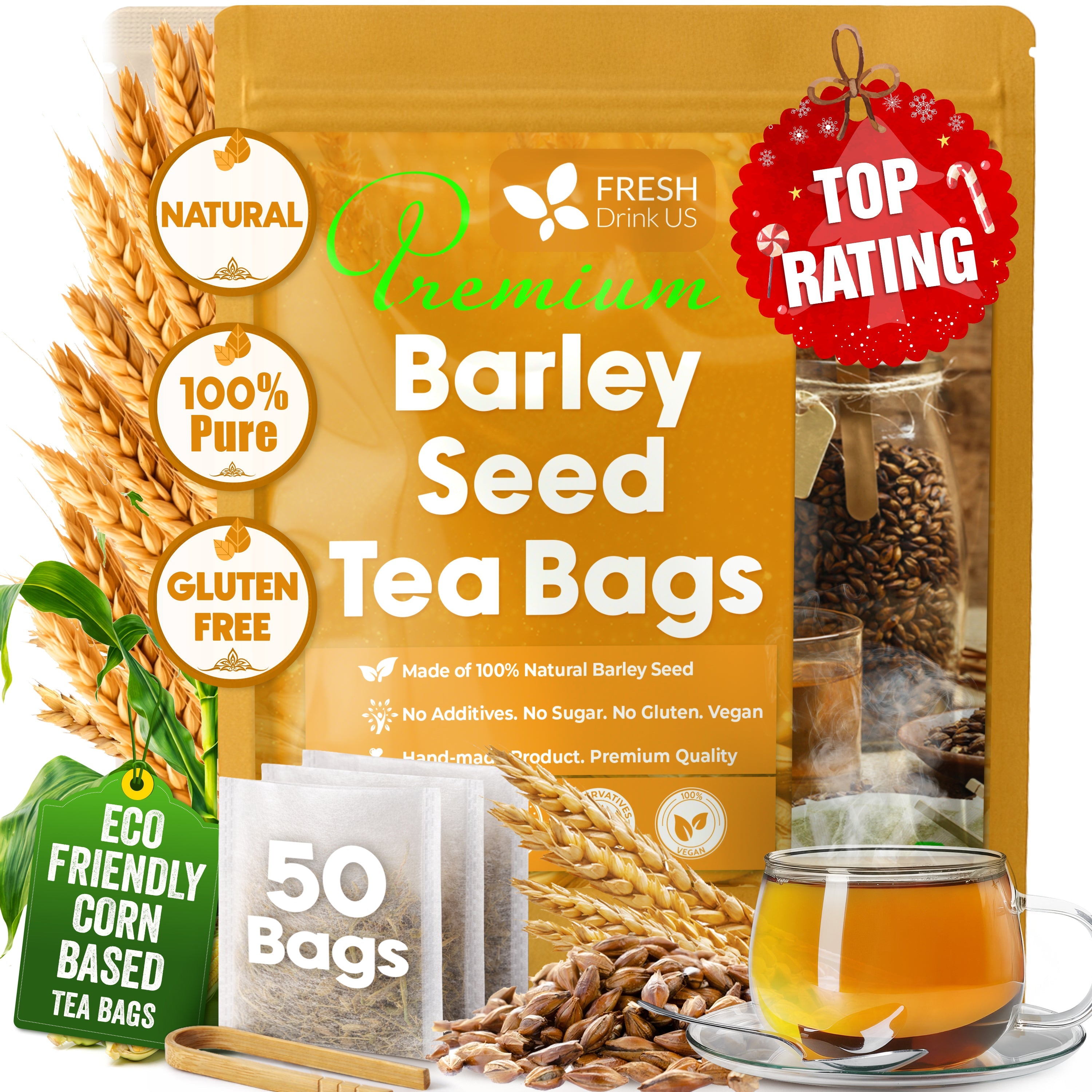 Premium Barley Tea Bags, 100% Natural & Pure from Barley. Loose Barey Herbal Tea. No Sugar, No Caffeine, No Gluten, Vegan.