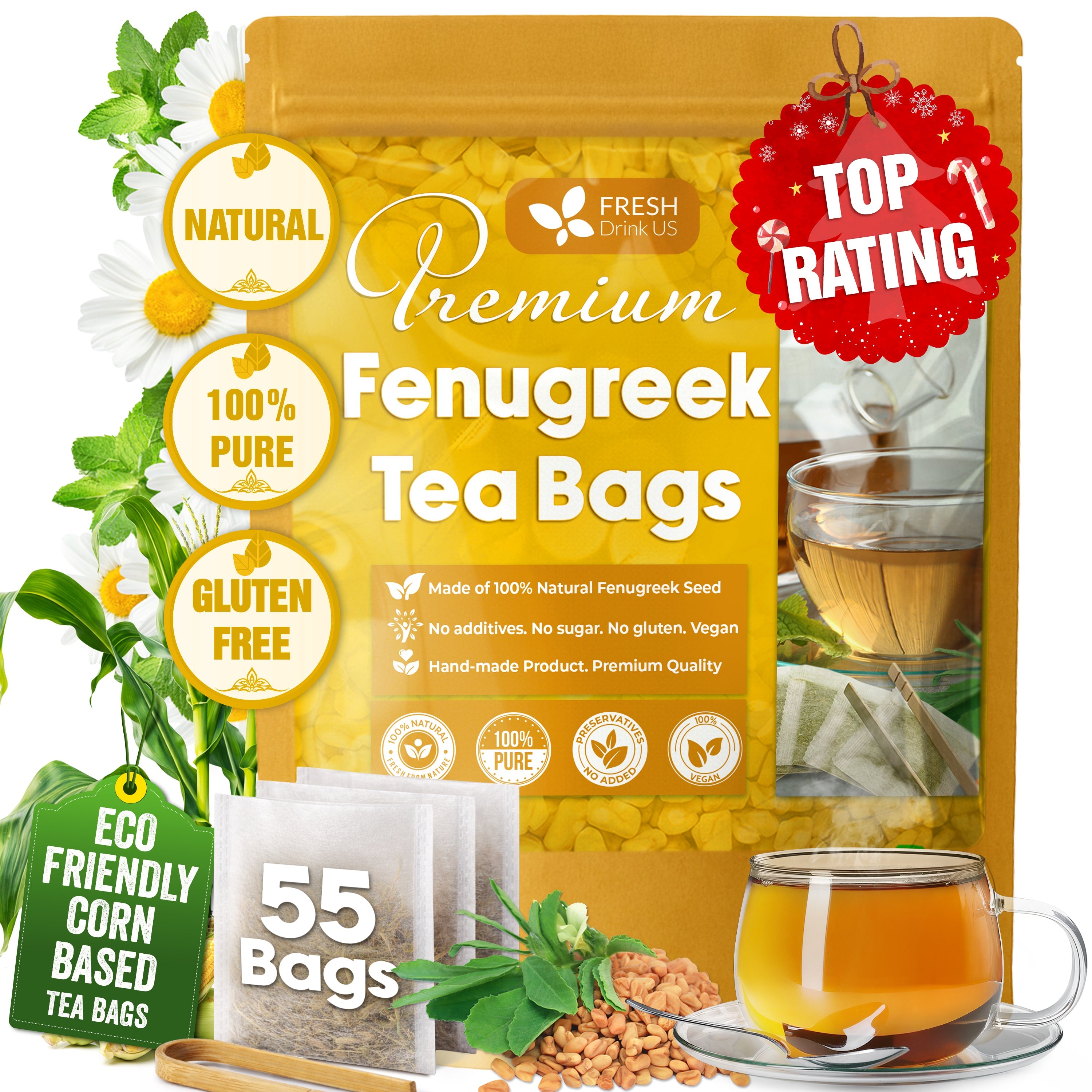 Premium Fenugreek Tea Bags. No Sugar, No Caffeine, No Gluten, Vegan. (30 Tea Bags)