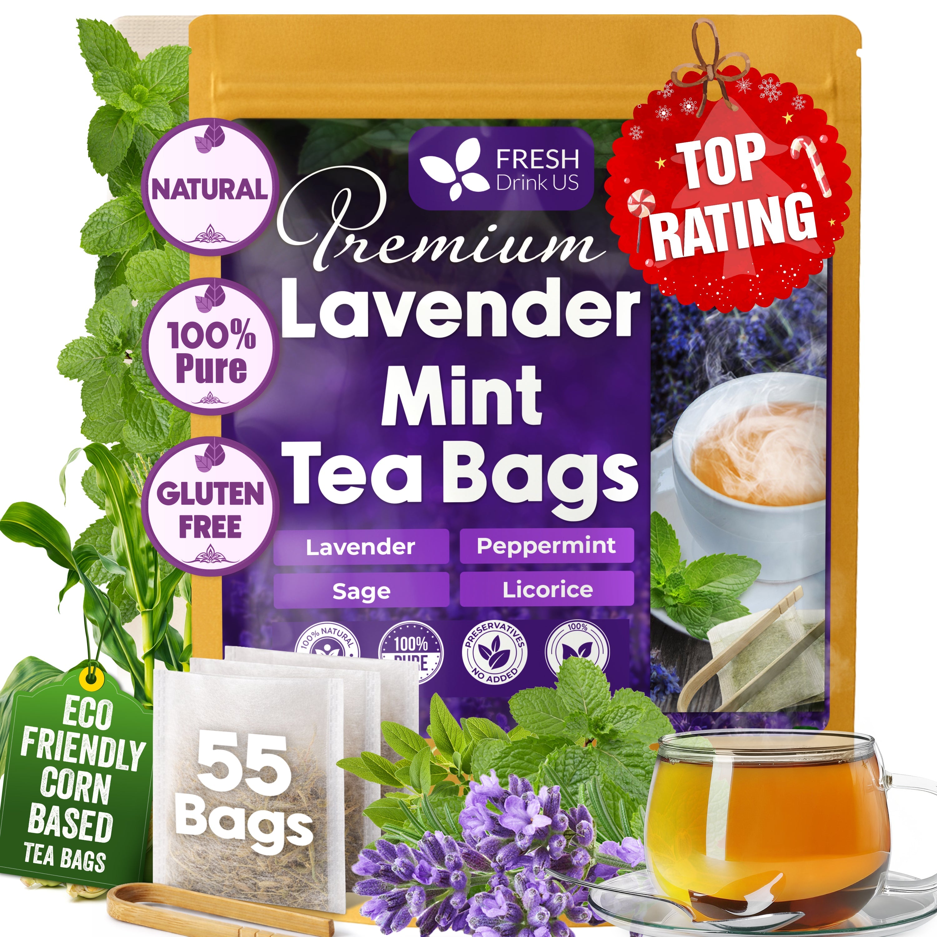 Premium Lavender Mint Tea Bags. 100% Natural, Blend of Lavender, Peppermint, Sage and Licorice.