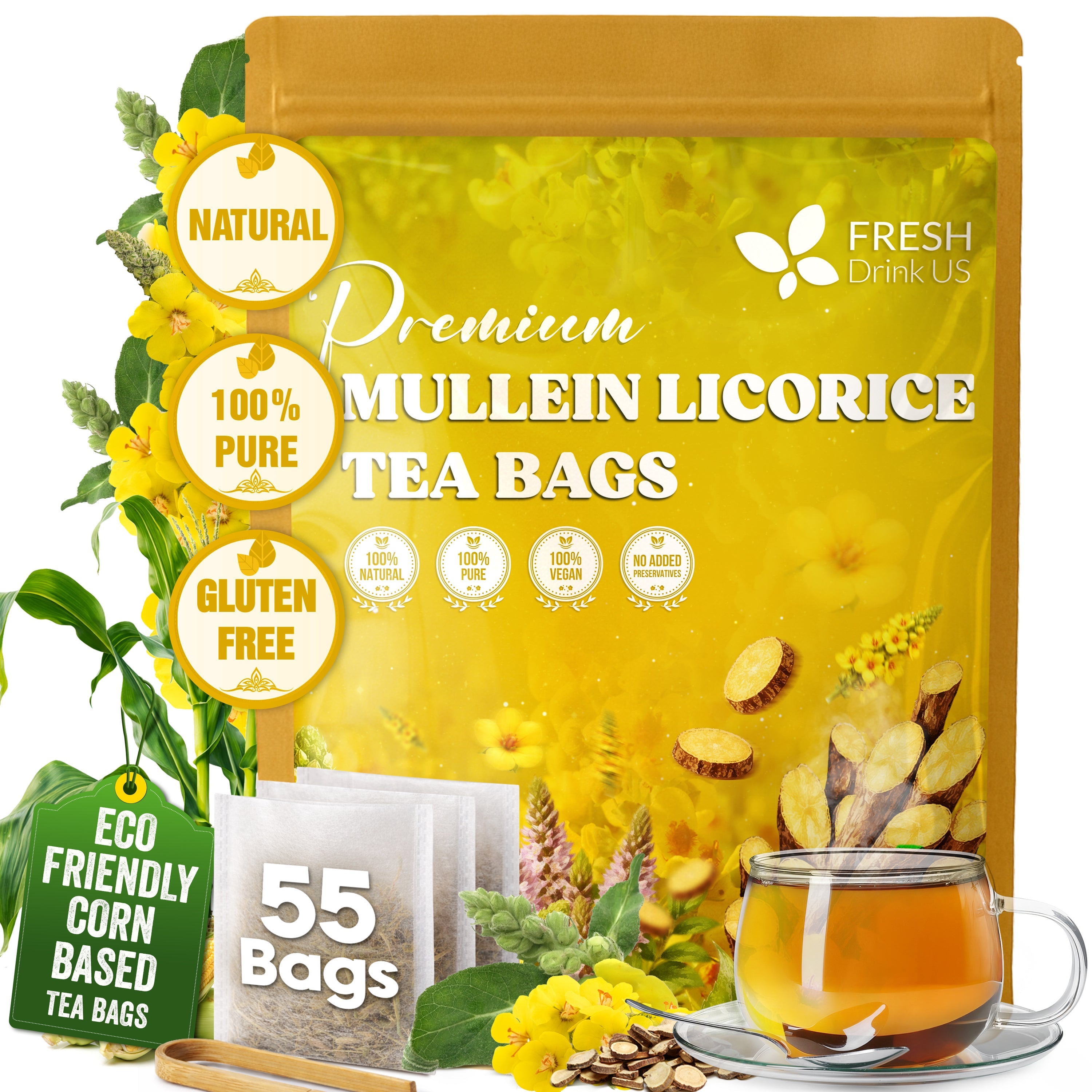 Premium Mullein Licorice Tea Bags. 100% Natural, Blend of Mullein Leaves, and Licorice Root.