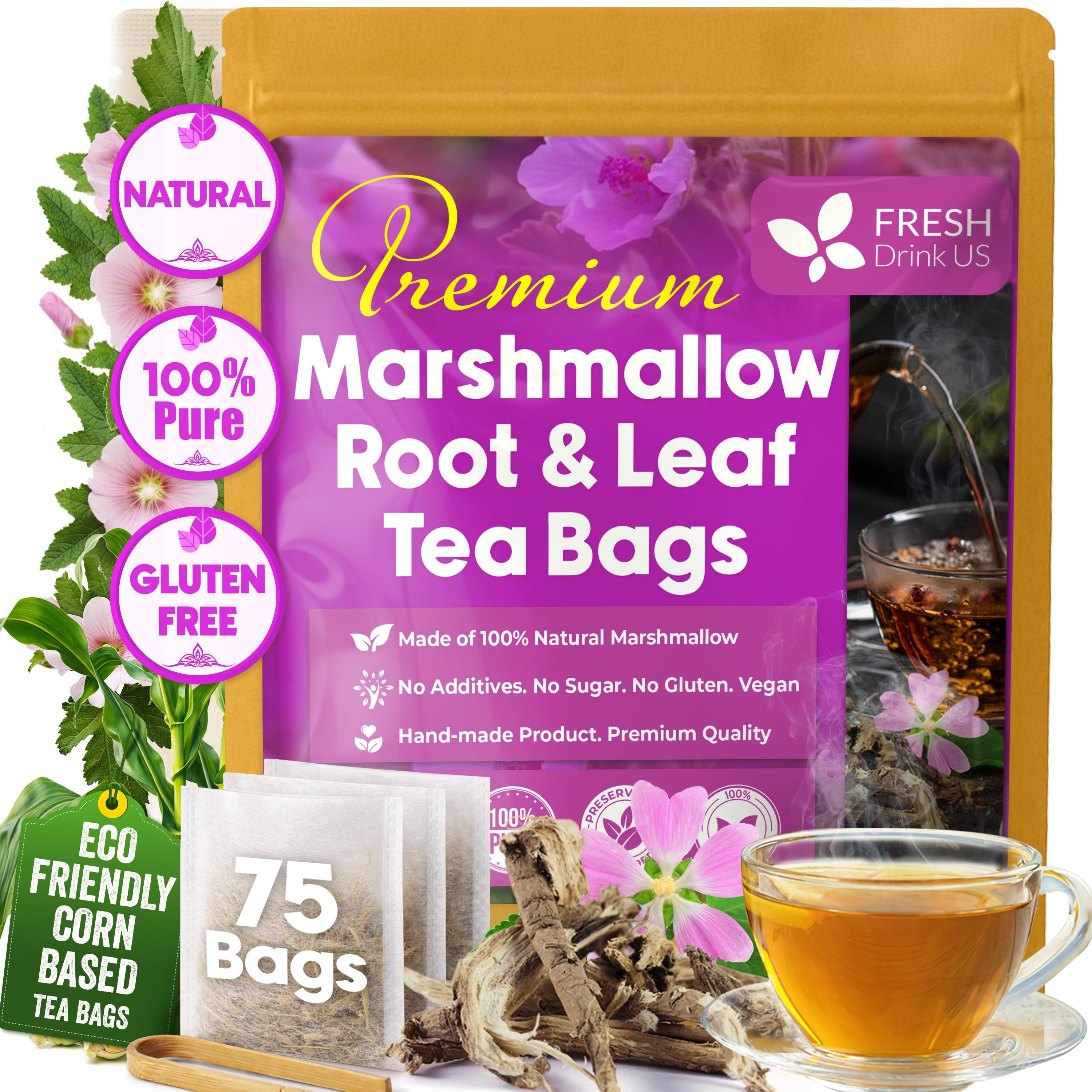 Premium Marshmallow Root and Leaf Tea Bags, 100% Natural & Pure.