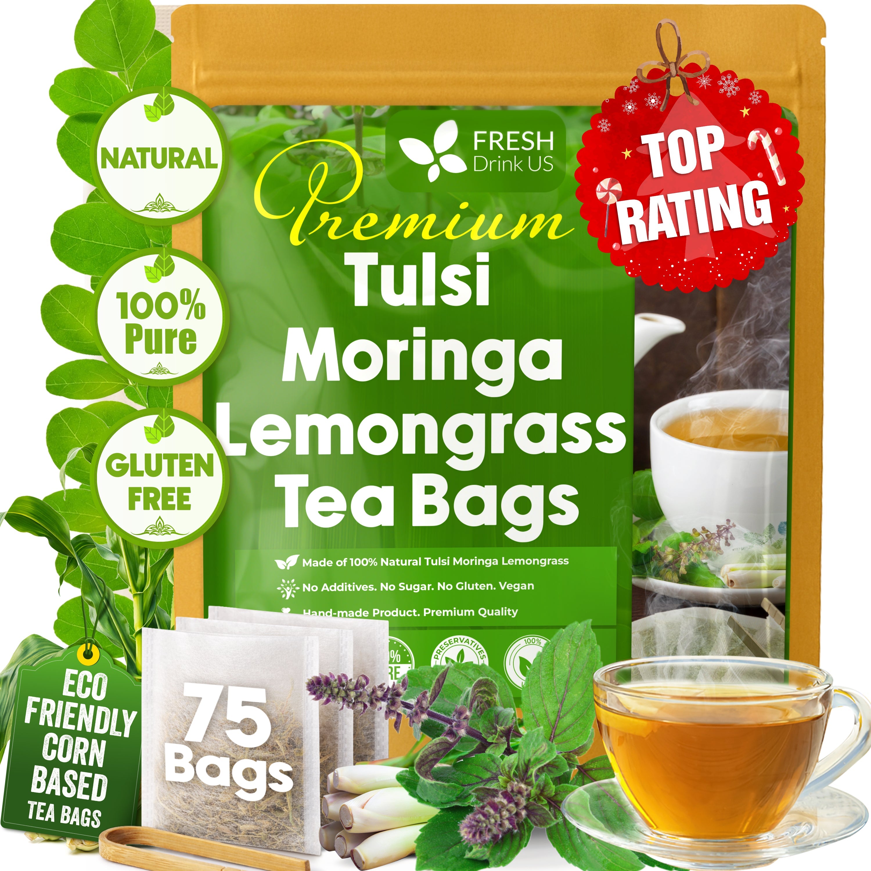 Premium Tulsi Moringa Lemongrass  Tea Bags, 100% Natural & Pure from Tulsi Holy Basil Leaves, Moringa & Lemongrass.