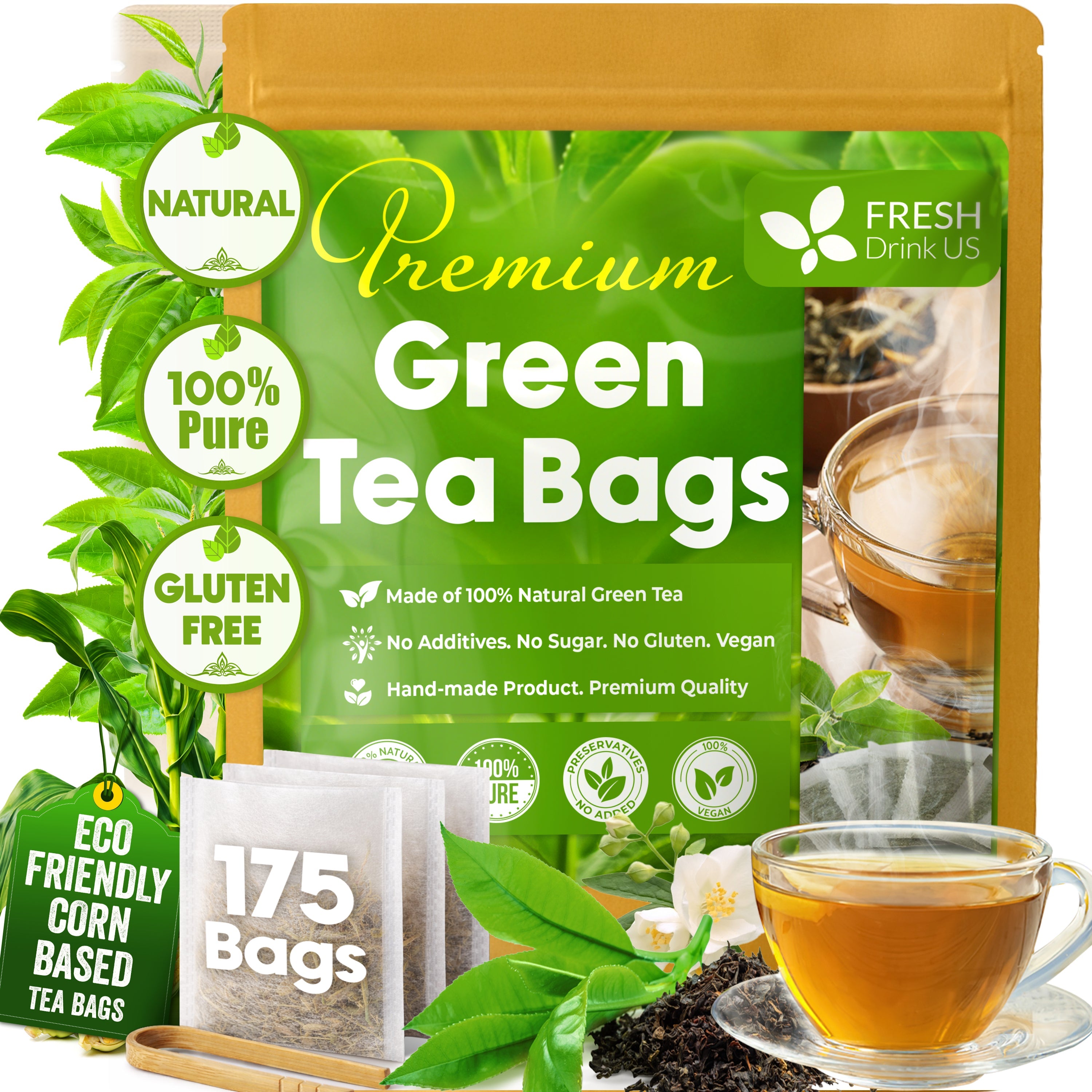 Premium Green Tea Bags, 100% Natural & Pure from Green Tea. Green Herbal Tea. No Sugar, No Gluten, Vegan