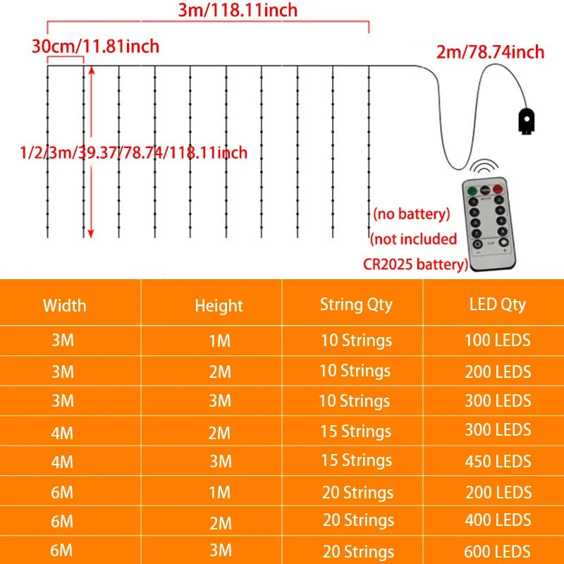 LED Curtain Garland 6x3M/3x3M USB Power Fairy Lights with Remote Control for Christmas New Year Window Decor Festoon Lighting