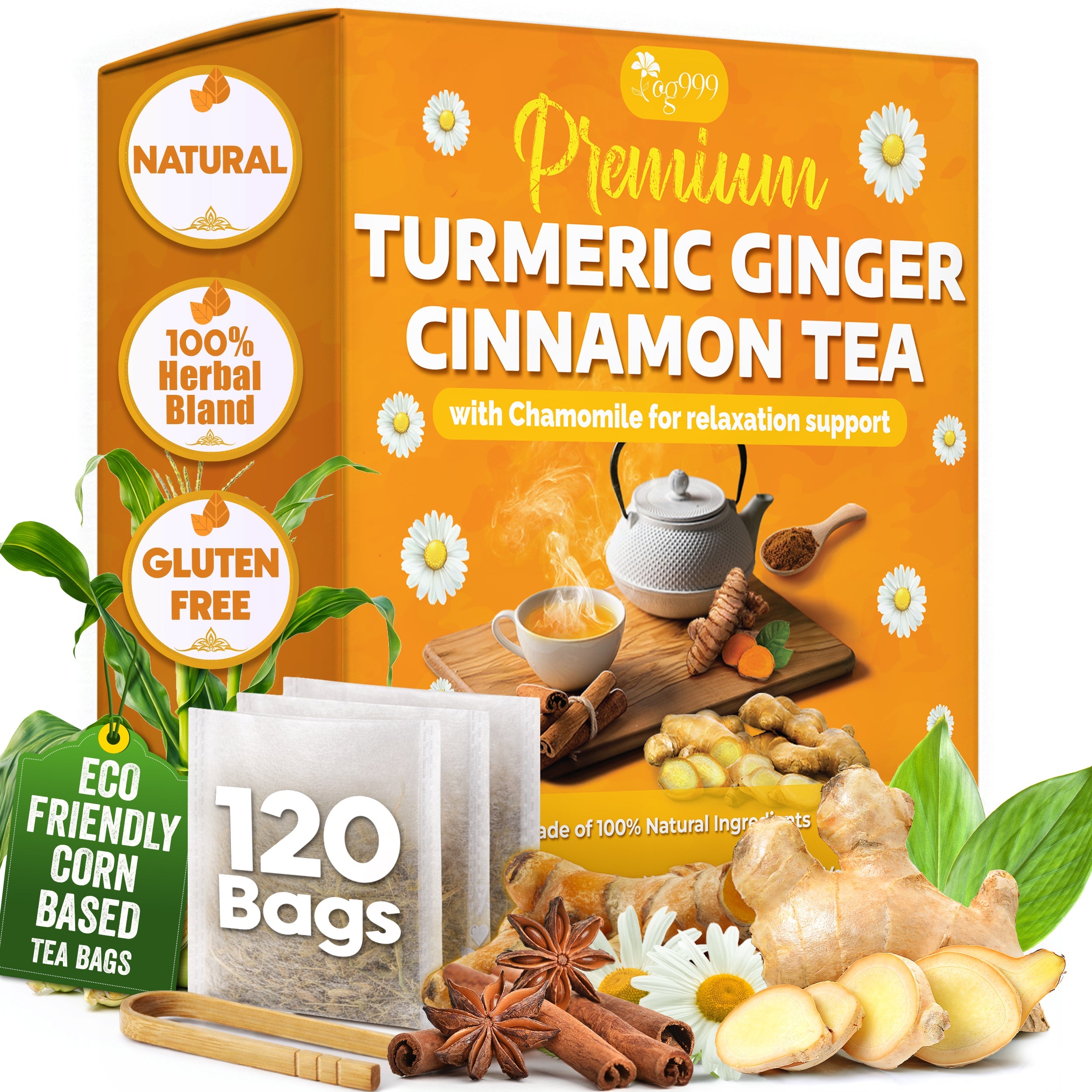 Premium Turmeric, Ginger, Cinnamon & Chamomile Flowers Tea | Improve Digestion, Support Brain, Weight, Skin and Sleep, Eco-Conscious Tea Bags
