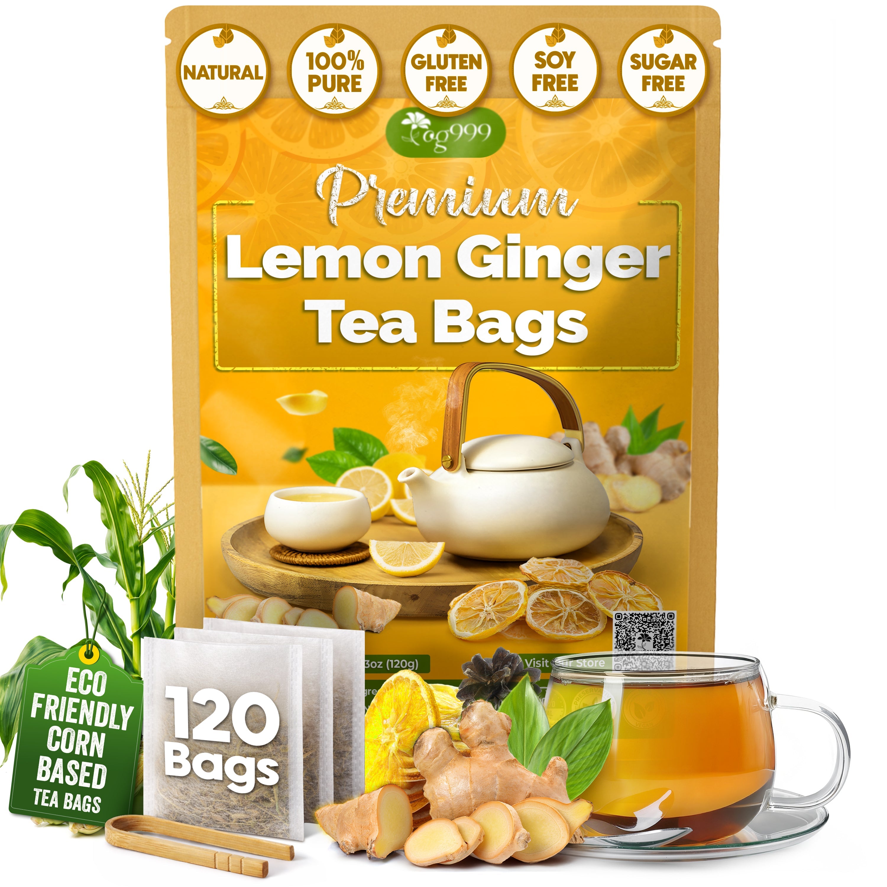 Premium Lemon, Ginger Herbal Blend Tea Bag | Improve Digestion, Support Brain, Weight, Skin and Sleep, Eco-Conscious Tea Bags