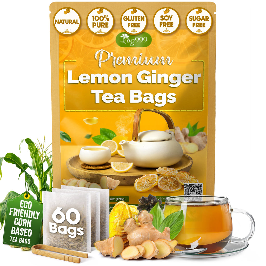 Premium Lemon, Ginger Herbal Blend Tea Bag | Improve Digestion, Support Brain, Weight, Skin and Sleep, Eco-Conscious Tea Bags