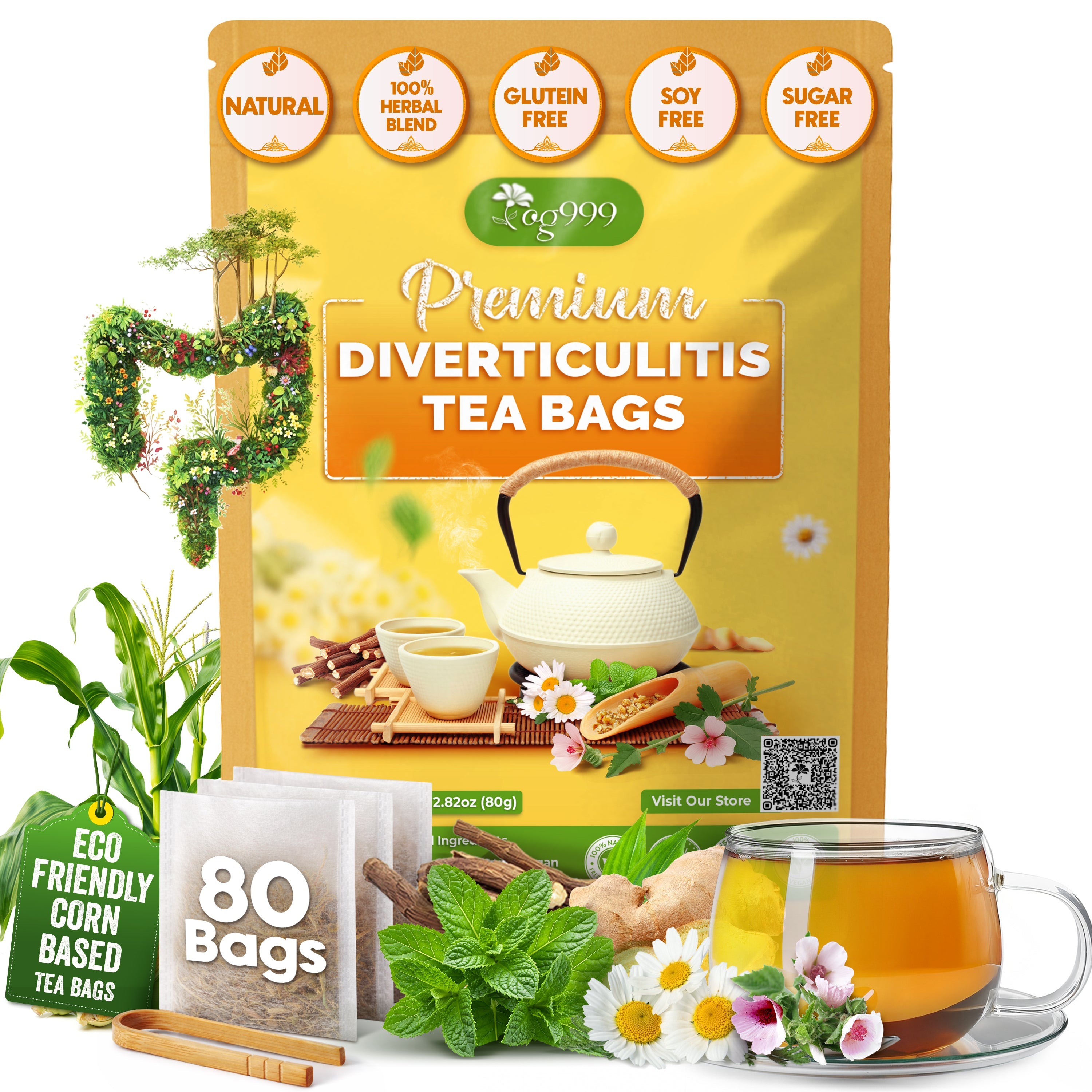 Premium Diverticulitis Tea Bags | 100% Natural Chamomile, Peppermint, Marshmallow Leaf, Wild Yam Root, Licorice & Ginger Herbal Blend