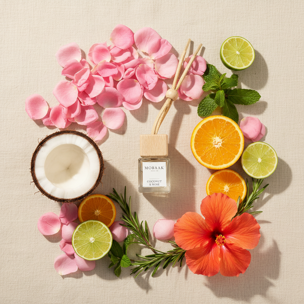 Coconut & Rose Car Diffuser - Ingredients Flat Lay