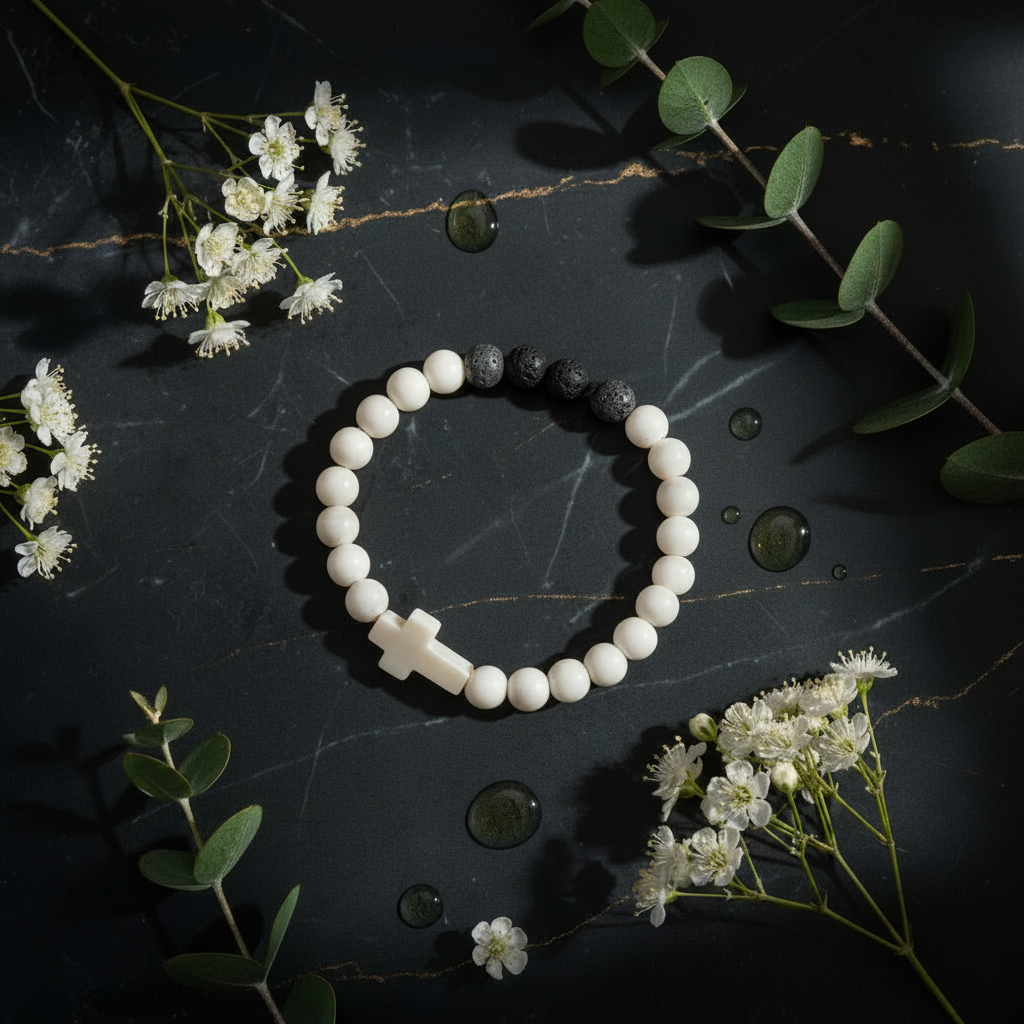White Cross Diffuser – All White Beads Marble Flatlay